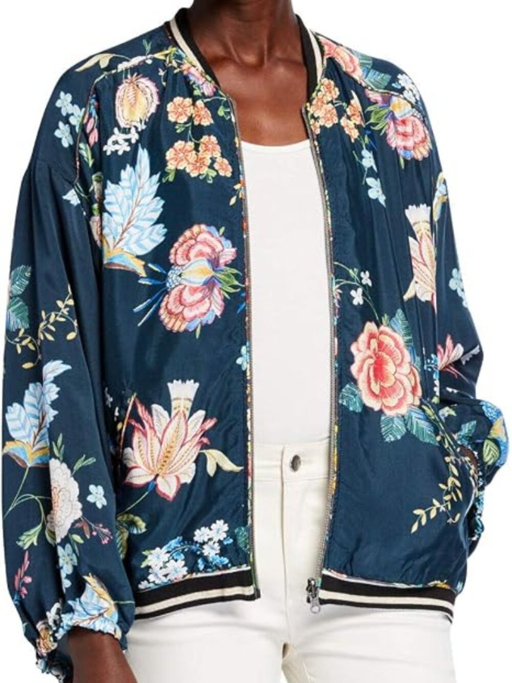 Johnny Was Printed Cupra Rayon Reversible Bomber Floral Jacket Tops Blue M NEW
